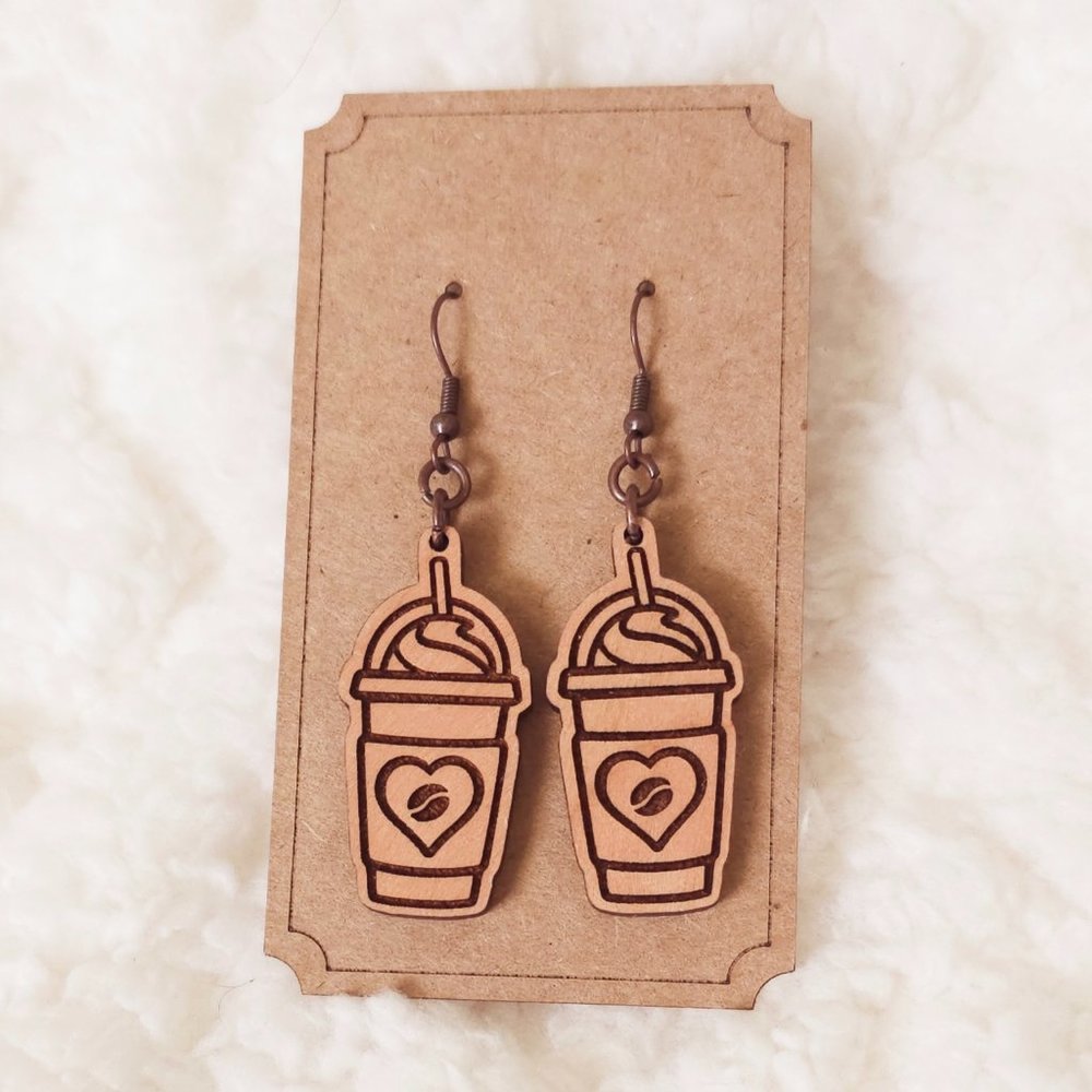 5/$25 Iced Coffee Frappuccino Earrings Dangle Wooden w/Heart Coffee Bean